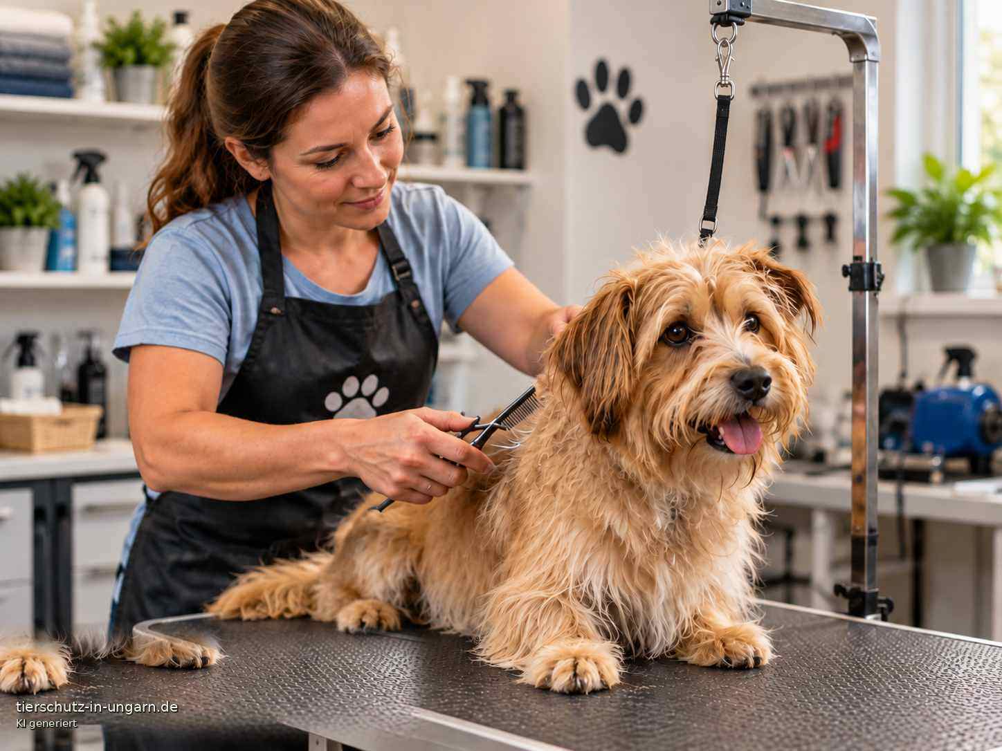 KI-generierte Illustration: Hundefriseur bei der Fellpflege eines Hundes in einem Hundesalon